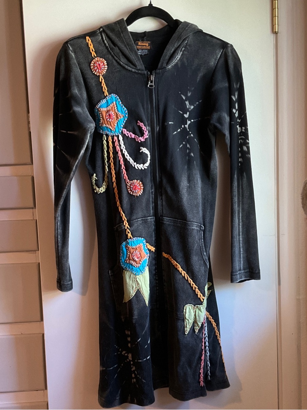 Black Embroidered Hooded Long Jacket with Multicolor Floral Accents